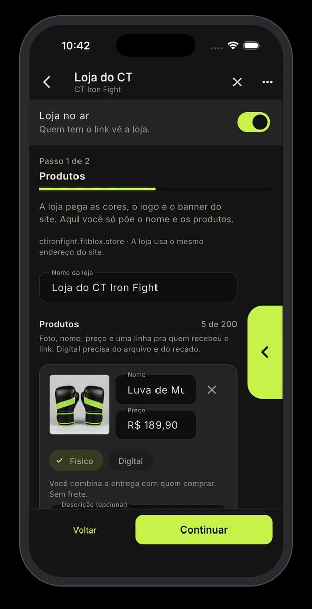 Primeiro passo da loja do CT, com o nome da loja e o cadastro de um produto físico.