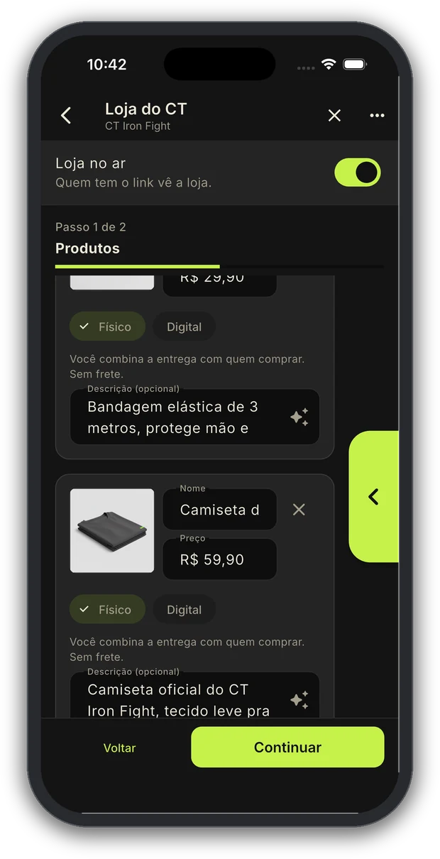Lista de produtos da loja do CT, com bandagem e camiseta cadastradas.