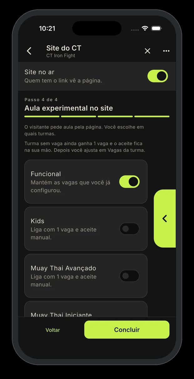 Quarto passo do site do CT, com a lista de turmas e os interruptores de aula experimental.